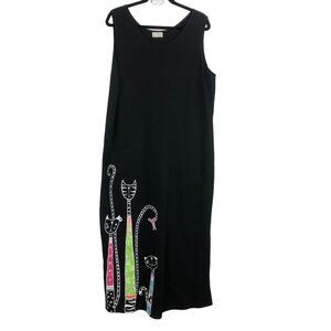 Vtg Cité Sleeveless Black Maxi Dress Women’s XL Cat Graphic Art Print Whimsy